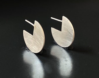 Geometric edgy earrings. Sterling silver flat disc studs. Modern handmade jewelry