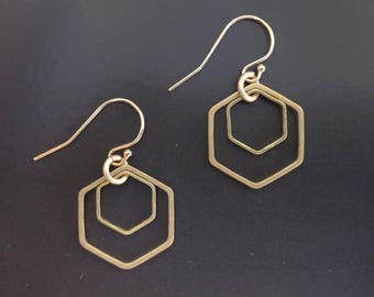 Gold Hexagon Earrings. Dangle Honeycomb Jewelry. Retro earrings self gift.