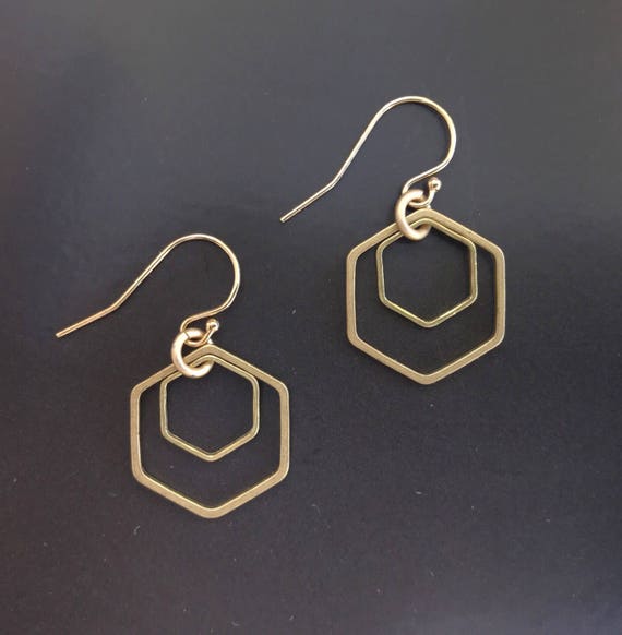 Gold Hexagon Dangle Earrings: Layered Brass Geometric Earrings