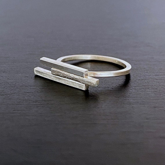 Asymmetric Bar Ring. Silver Statement Ring Stacking Contrast Texture. Self Gift Modern Jewelry