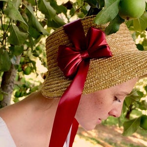 May include: A woven straw hat featuring a wide, rounded crown and a short brim. The hat is adorned with a large, deep red satin ribbon tied into a bow, with two long, flowing ribbon tails extending downward from the side of the hat's crown.