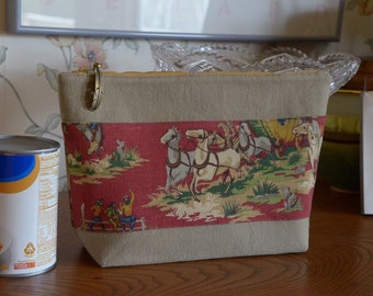 Tan zipper bag, Handmade, Cowboy fabric, Cosmetic bag, Storage pouch