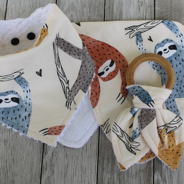 Sloth Baby Shower Gift | Baby Shower Gift | Sloth Baby Gift | Sloth Bib | Sloth Bandana Bib | Sloth Teether | Sloth Burp Cloth | Neutral