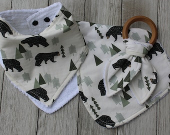 Regalo de oso de niño bebé Regalo de Baby Boy Woodland Babeo de oso bebé ? Guardería de osos Bebé Niño Conjunto de regalos de Baby Boy Babeo de Niño Bandana de Bebés (Baby Boy Bandana Bib) Babeo bebé