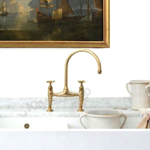 Amy custom order- Brass Bridge faucet, Unlacquered Brass Faucet with Straight Legs & Simple Cross Handles