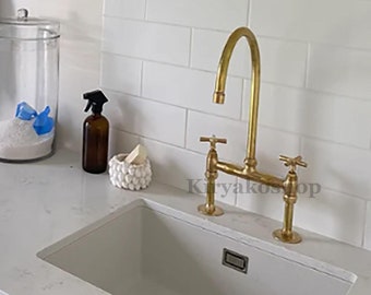 Unlacquered Brass Bridge Kitchen Faucet with Hand Sprayer