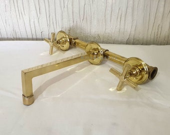 Unlacquered Brass Wall Mount Faucet, Kitchen or Bath, Cross Handles