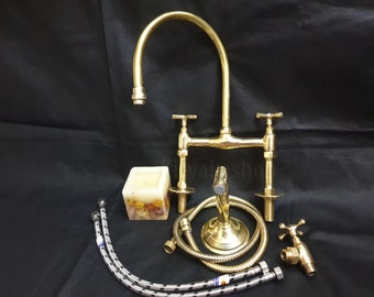 Unlacquered Brass Bridge Kitchen Faucet with Hand Sprayer