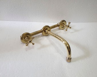 Unlacquered Brass Wall Mount Faucet, Vintage Cross Handles, 8 inch Spout