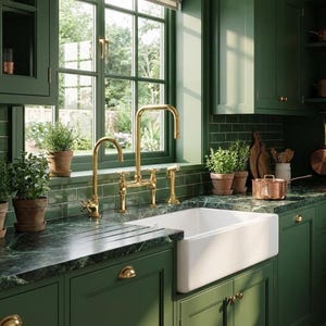 May include: A kitchen with dark green cabinets, a marble countertop, and a white farmhouse sink. Gold-toned faucets and hardware complement the green. Potted herbs sit on the windowsill, and copper pots hang on the wall.
