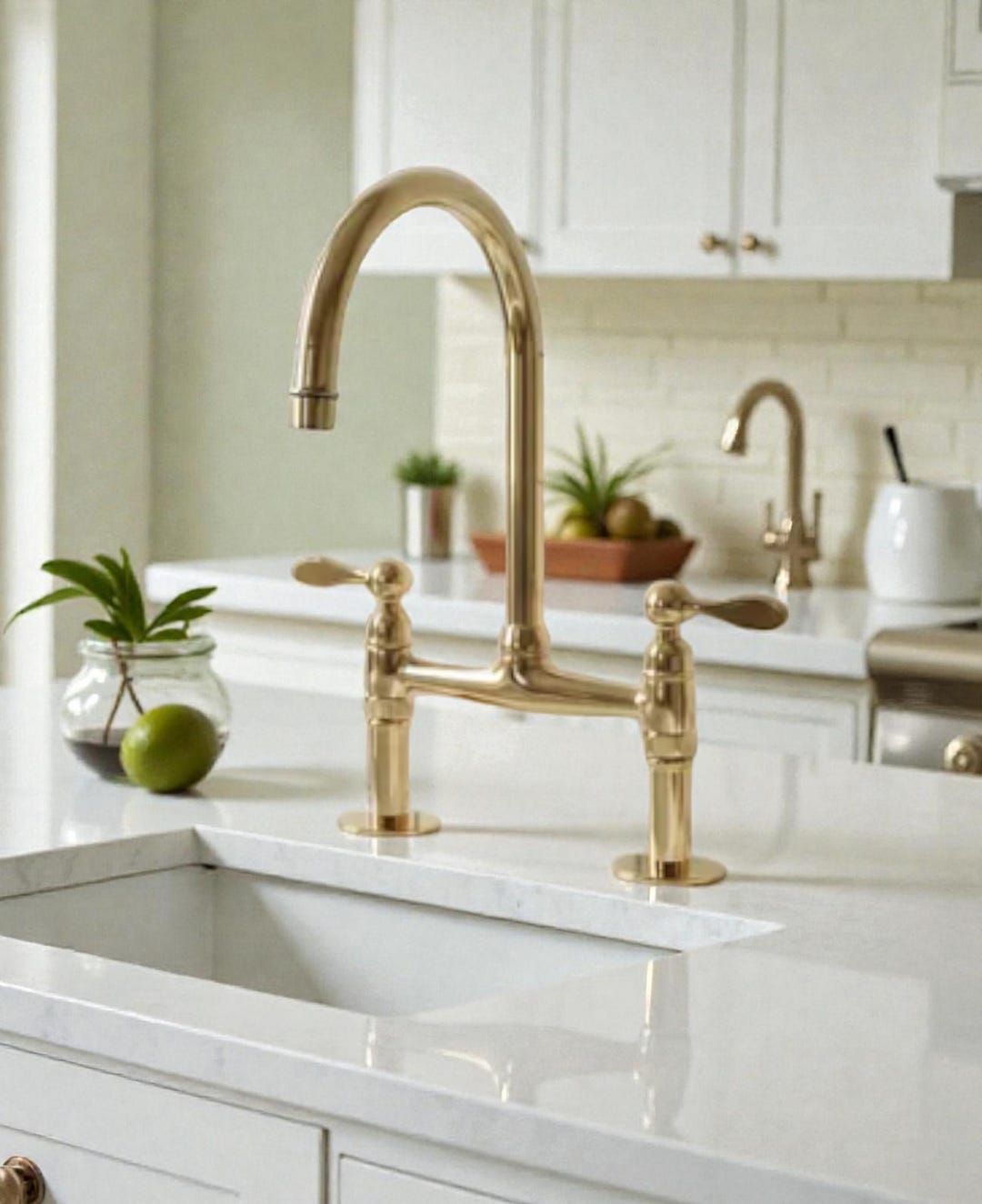 Unlacquered Brass Bridge Kitchen Faucet With Side Sprayer ...