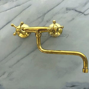 Kitchen Brass Faucet,Gold Kitchen Faucet,Brass Faucet,Gooseneck Faucet,Vintage Faucet,Unlacquered Brass,Wall Mount Faucet,Bathroom Faucet