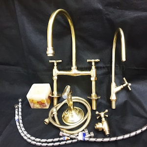 Unlacquered Brass Kitchen Bridge Faucet With Side Sprayer and One Handle Faucet, kitchen side sprayer for cold water, Brass Bridge faucet