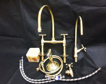 Unlacquered Brass Kitchen Bridge Faucet with Side Sprayer