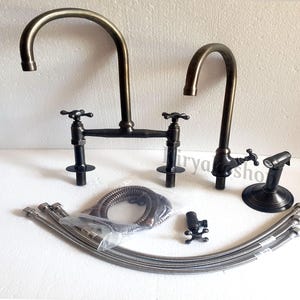 Unlacquered Brass Kitchen Faucet  with Sprayer Hand Kitchen Faucet- Brass Bridge faucet,Unlacquered Faucet - 2 Handles Kitchen Faucet