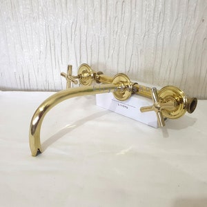 Grifos de baño de pared de latón sin lacar con válvula mezcladora de agua fría y caliente, grifo vintage, grifo de cocina de latón, grifo de baño dorado