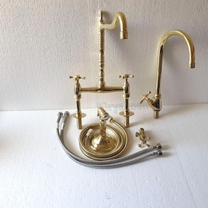 Unlacquered Brass Kitchen Faucet - Bridge 8&quot;inch Faucet & simple cross Handle Faucet - Brass Classic Bridge Faucet- 8&quot; With Side Sprayer
