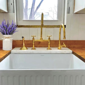 Unlacquered Brass Kitchen Bridge 9&quot; Faucet With Side Sprayer and One Handle Faucet, kitchen side sprayer for cold water, Brass Bridge faucet