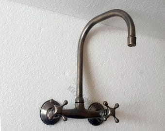 Brass Patina Wall Mount Kitchen Faucet, Short Square Spout, Customized Size