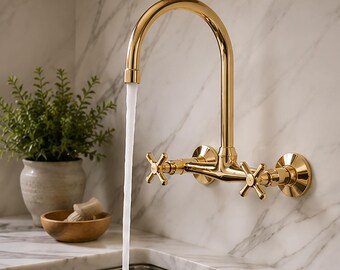 Unlacquered Brass Wall Mount Faucet – Vintage Cross Handle Tub Filler – Bathroom Tap – Vintage Faucets
