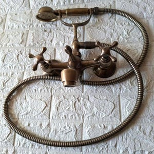 Brass Patina Wall Mount Tub Filler – Vintage Telephone Bathtub Faucet with Handheld Shower