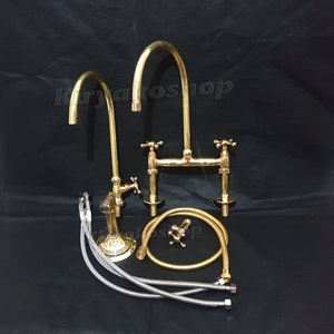 Unlacquered Brass Kitchen Bridge 9&quot; Faucet With Side Sprayer and One Handle Faucet, kitchen side sprayer for cold water, Brass Bridge faucet