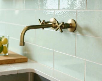 Unlacquered Brass Wall Mount Faucet, Square Spout, Cross Handles