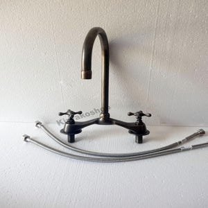 Brass Patina Bridge faucet , Kitchen Brass Faucet - 2 Handles Kitchen Faucet , Arched V bridge faucet