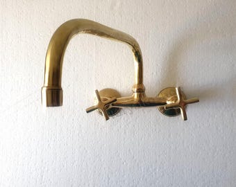 Unlacquered Brass Wall Mount Faucet – Vintage Cross Handle Kitchen Tap