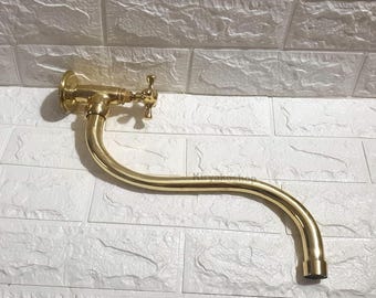 Unlacquered Brass Wall Mount Pot Filler Faucet, Swiveling Neck