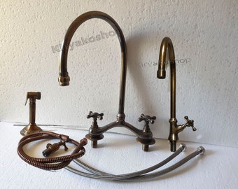 Brass Patina Arched V bridge kitchen faucet with cold sprayer & simple cross handle with One Handle Faucet - Handle V Bridge Faucet