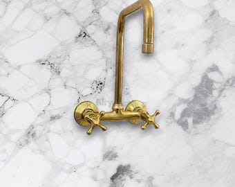 Unlacquered Brass Wall Mount Faucet: Square Spout, Cross Handles