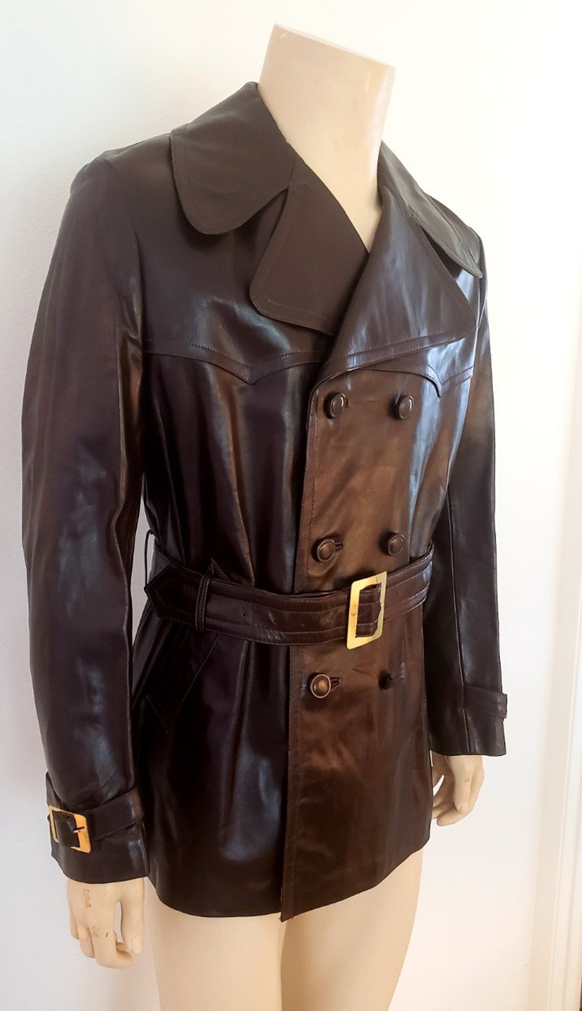 Men's mod leather coat 40 brown double breasted 1970s Etsy