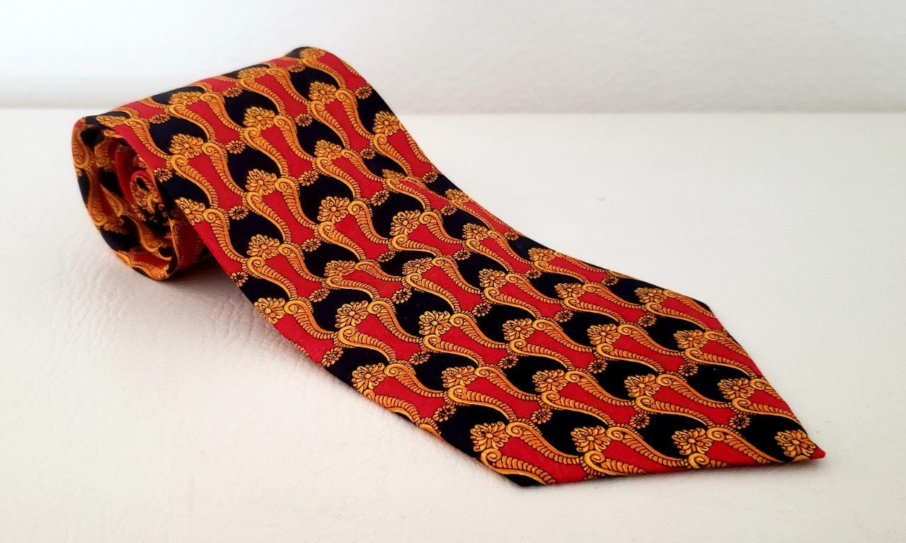 Adolfo silk neck tie Italy black red gold 1980s | Etsy