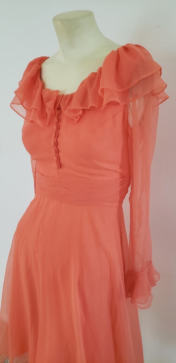 CLEARANCE tangerine chiffon ruffled dress 1970s XS