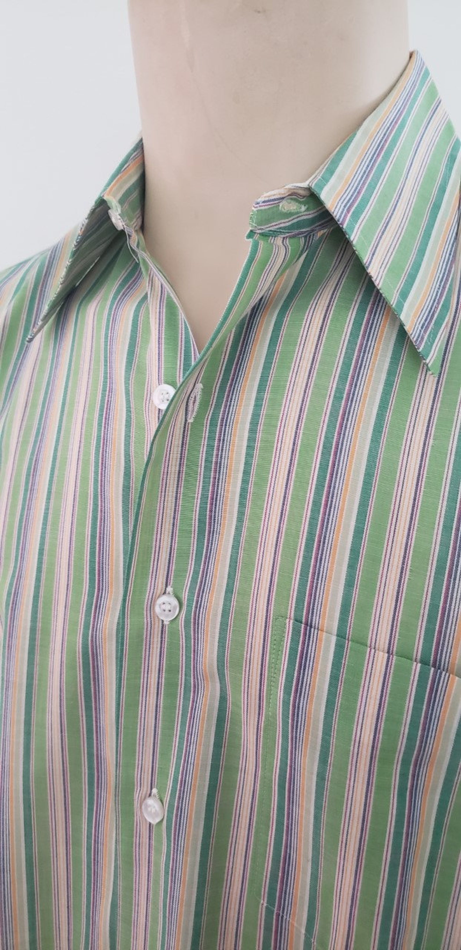 Men's green purple stripe shirt M 1970s short sleeve NOS | Etsy