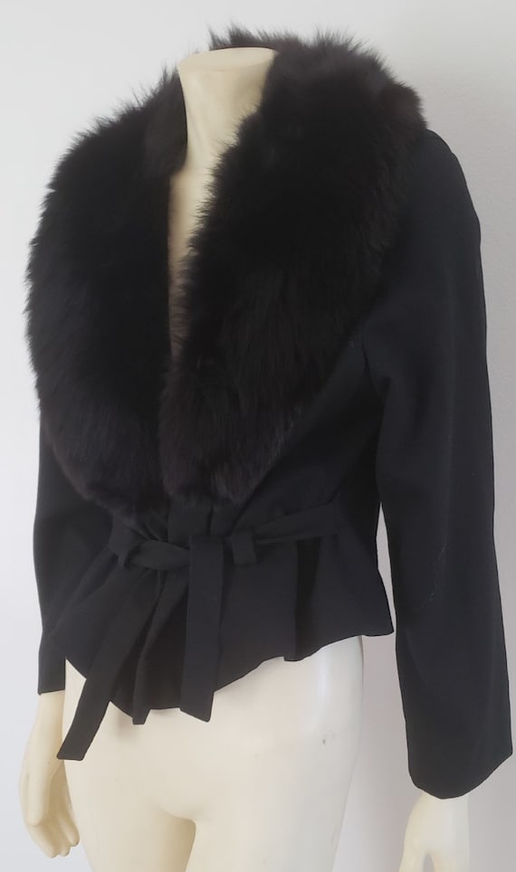 1950's black wool wrap jacket fox fur collar M Gal