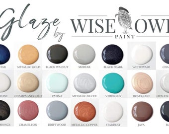 May include: A chart of 18 different Wise Owl Glaze paint colors. The colors are arranged in three rows of six. The colors include Darkstar, Metallic Gold, Black Walnut, Mortar, Black Pearl, Whitewash, Charcoal, Moonstone, Champagne Gold, Patina, Metallic Silver, Verdigris, Rose Gold, Opalescent Pearl, Metallic Bronze, Chameleon, Driftwood, Metallic Copper, Stardust, Java, and Black.