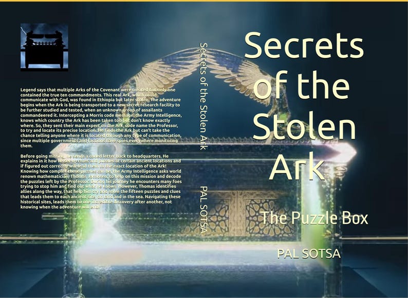 Puede incluir: Portada del libro "Secrets of the Stolen Ark: The Puzzle Box" de Pal Sotsa. La imagen presenta una representaci&oacute;n estilizada del Arca de la Alianza, con texto superpuesto. El t&iacute;tulo se muestra de forma destacada con una ilustraci&oacute;n de un &aacute;guila.