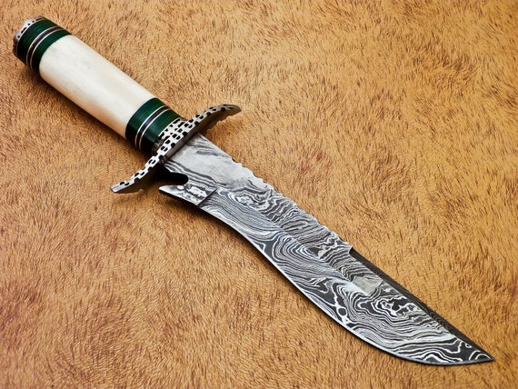 1084 Custom Crafted Damascus Steel 10 Inch Bowie Style Knife With Bone and  Rosewood Handle and Comes With Custom Leather Sheath. 