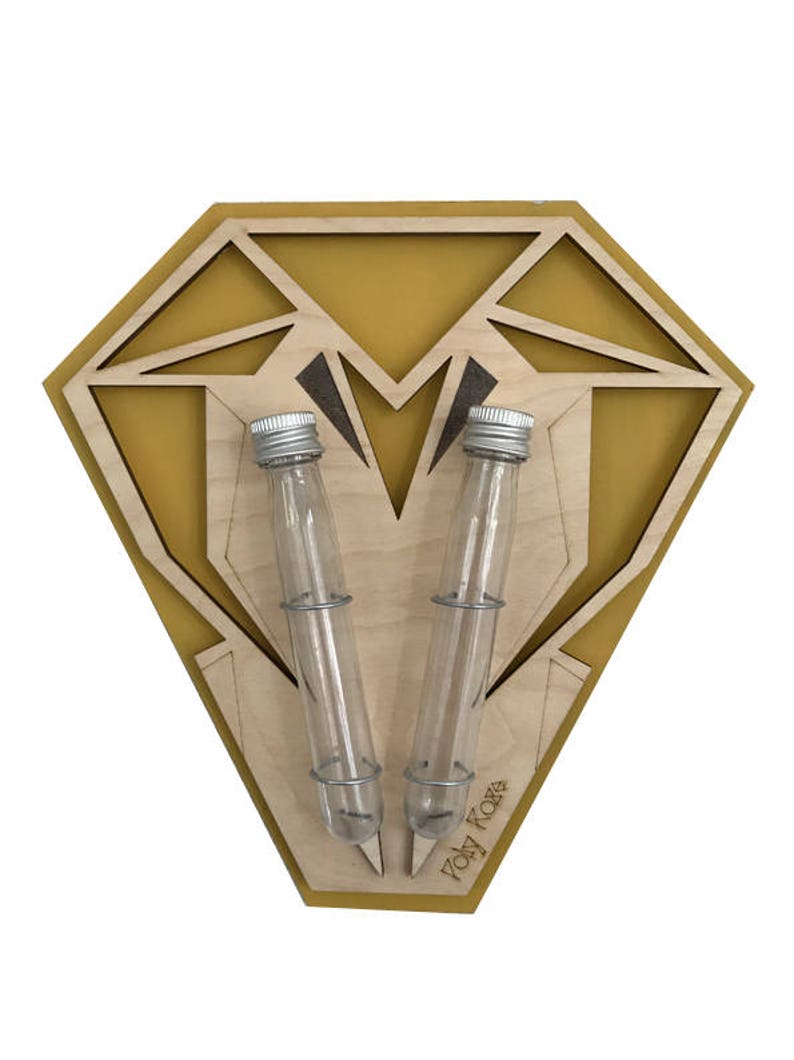 Op de afbeelding: Een houten wandrek voor kruiden in de vorm van een diamant met een gele achtergrond. Twee glazen reageerbuizen met zilveren deksels zijn in het rek gestoken. Het rek is gelabeld met "Toby Fox".