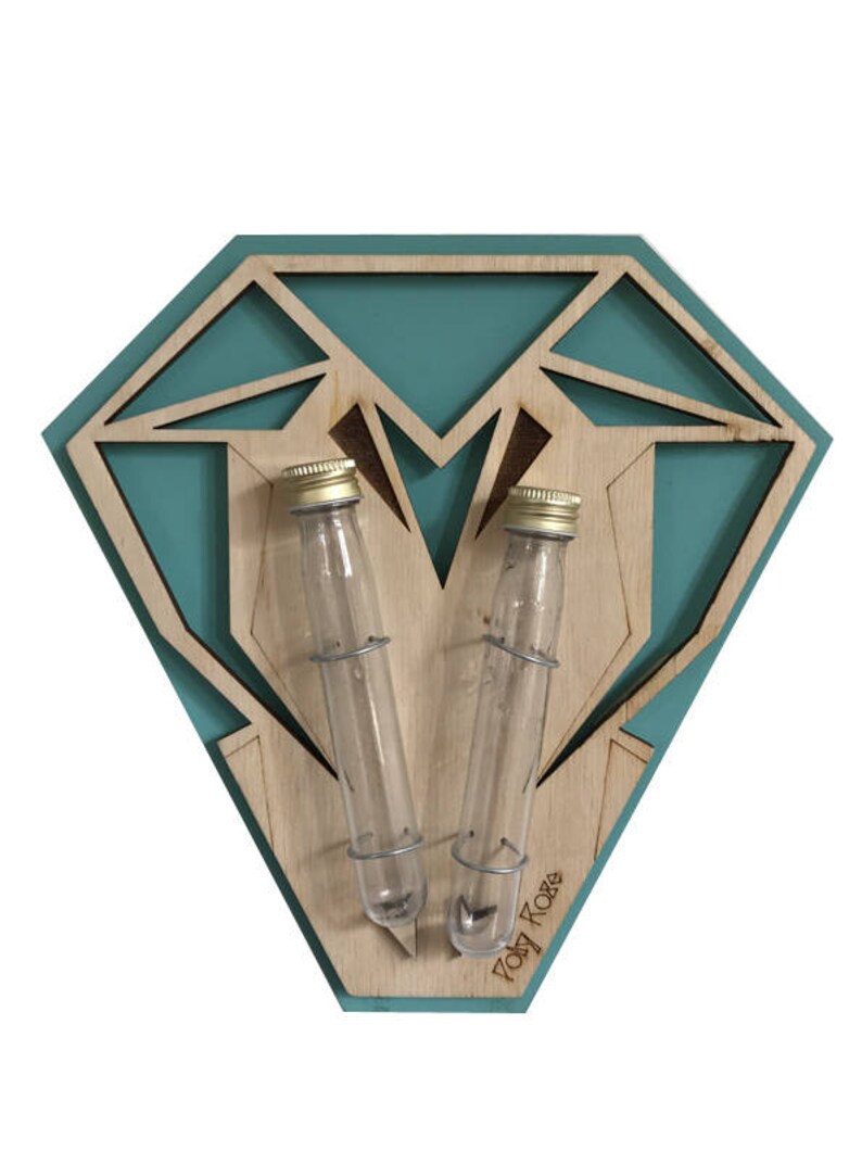 Op de afbeelding: Een tealblauwe, ruitvormige houten wanddecoratie met twee heldere glazen reageerbuizen met gouden deksels. De reageerbuizen worden op hun plaats gehouden door metalen ringen. De tekst "Poly Rosa" is afgedrukt in de rechterbenedenhoek van de decoratie.