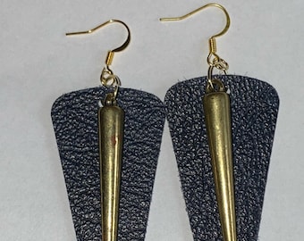 Navy Leather Drop Earings with Antique Gold Colored Dangle