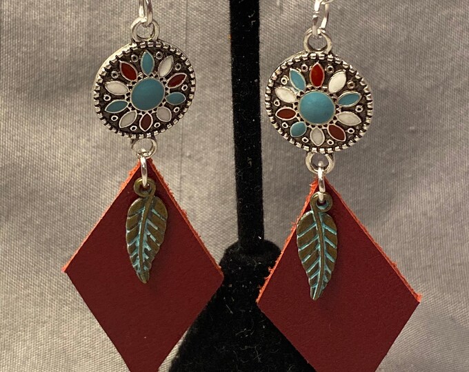 Southwest Inspired Diamond Red Wine Leather Drop Earrings