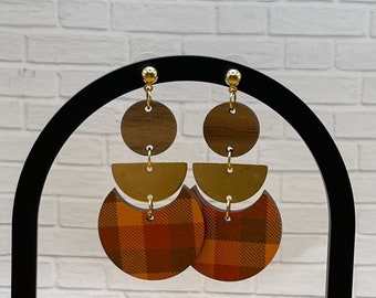 Handmade Fall Plaid Earrings/Acrylic and Wood with Gold Accents