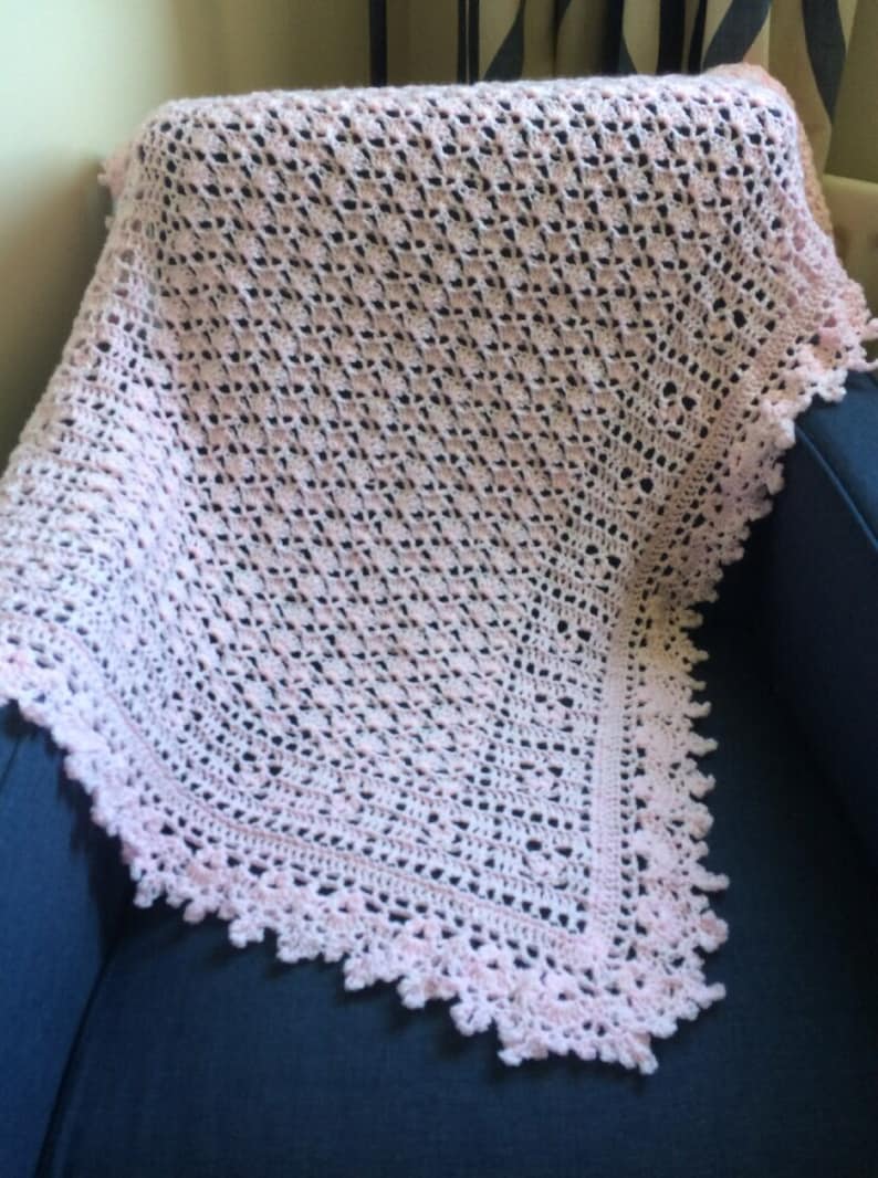 80cmx100cm. Handmade crochet Christening baby blanket baby shawl,white,pink,vintage look