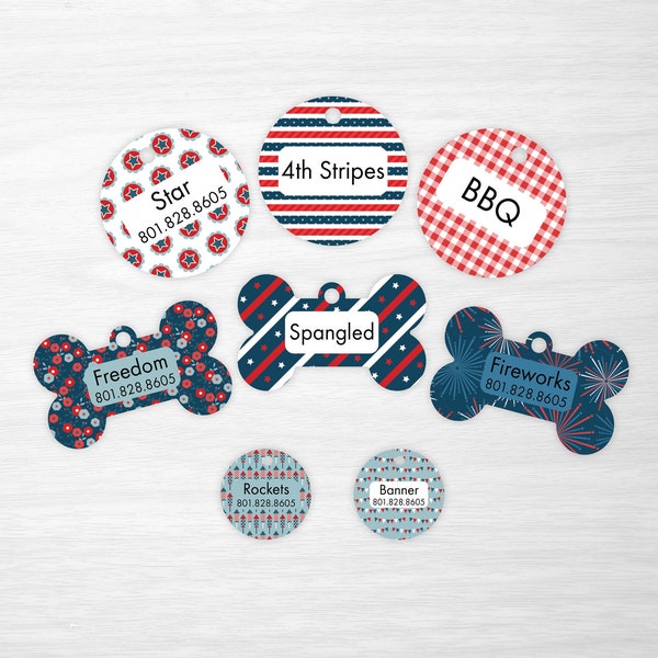 Stars & Stripes, Americana, 4th of July, America, Red, White and Blue - Personalized Pet Tags, Dog Tags for Dogs, Cat Tags