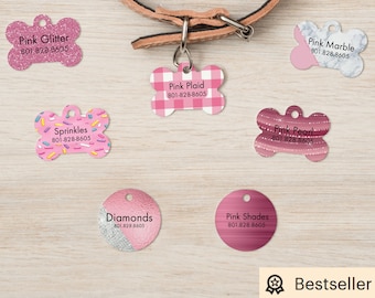 Pretty in Pink Collection - Personalized Pet Tags, Dog Tags for Dogs, Cat Tags - Printed Designs no actual glitter / gems
