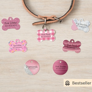 Pretty in Pink Collection - Gepersonaliseerde huisdierlabels, hondenlabels voor honden, kattenlabels - gedrukte ontwerpen geen echte glitters / edelstenen