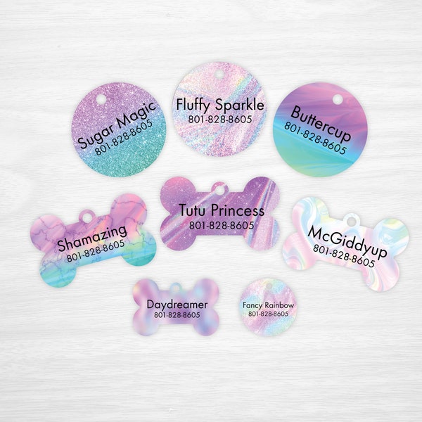 Holographic Unicorn Collection - Personalized Pet Tags, Dog Tags for Dogs, Cat Tags (not actual glitter, design is printed on tag)